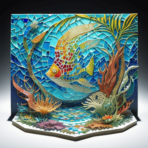 AI generated: Perfect mosaic diorama , mixed media Glittery mosaic art of beautiful colorful tropical fish mosaic ...