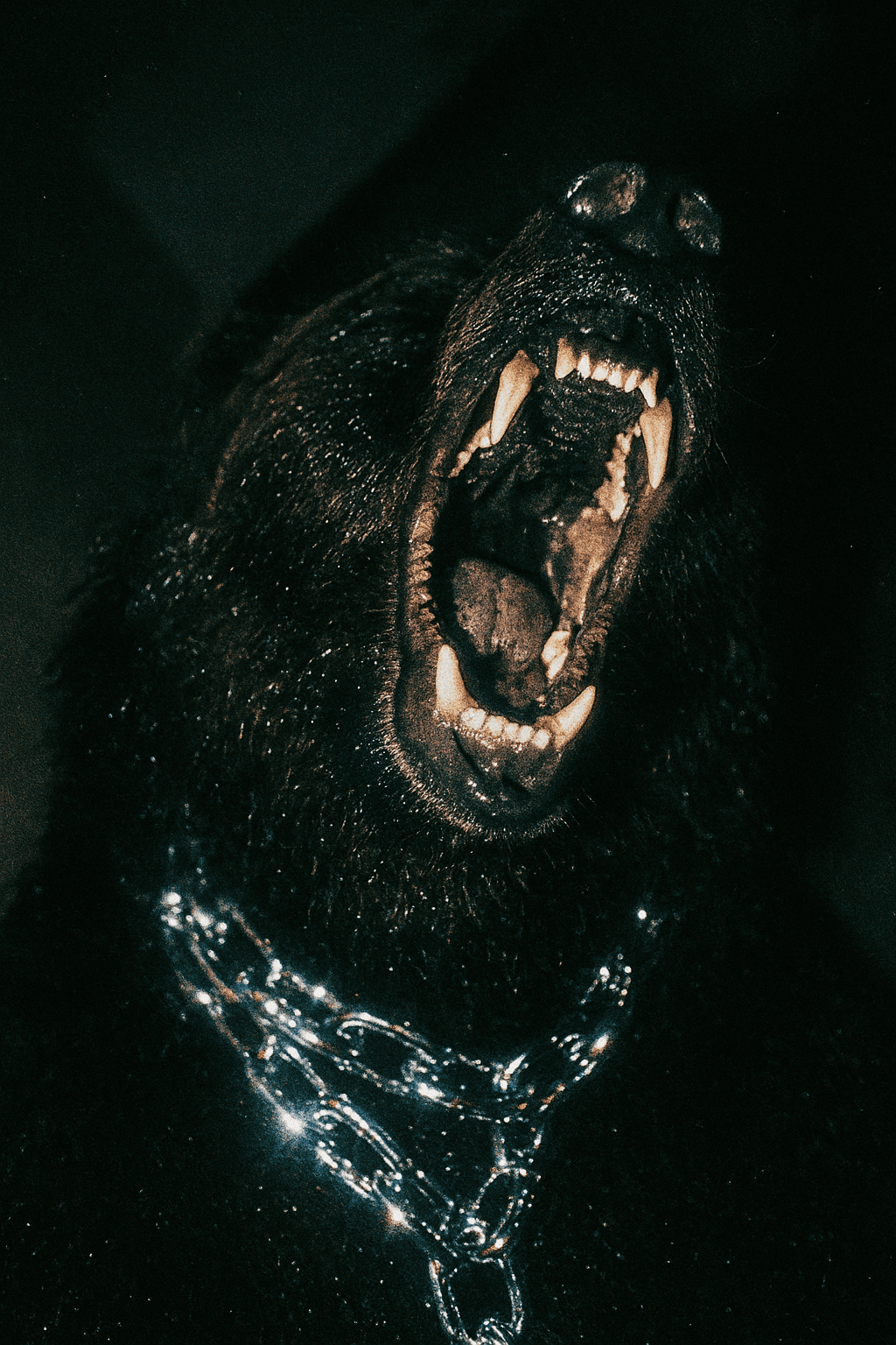 AI generated: {
  "scene": "A chaotic angled portrait of a roaring animal with the camera slightly tilted and an u...