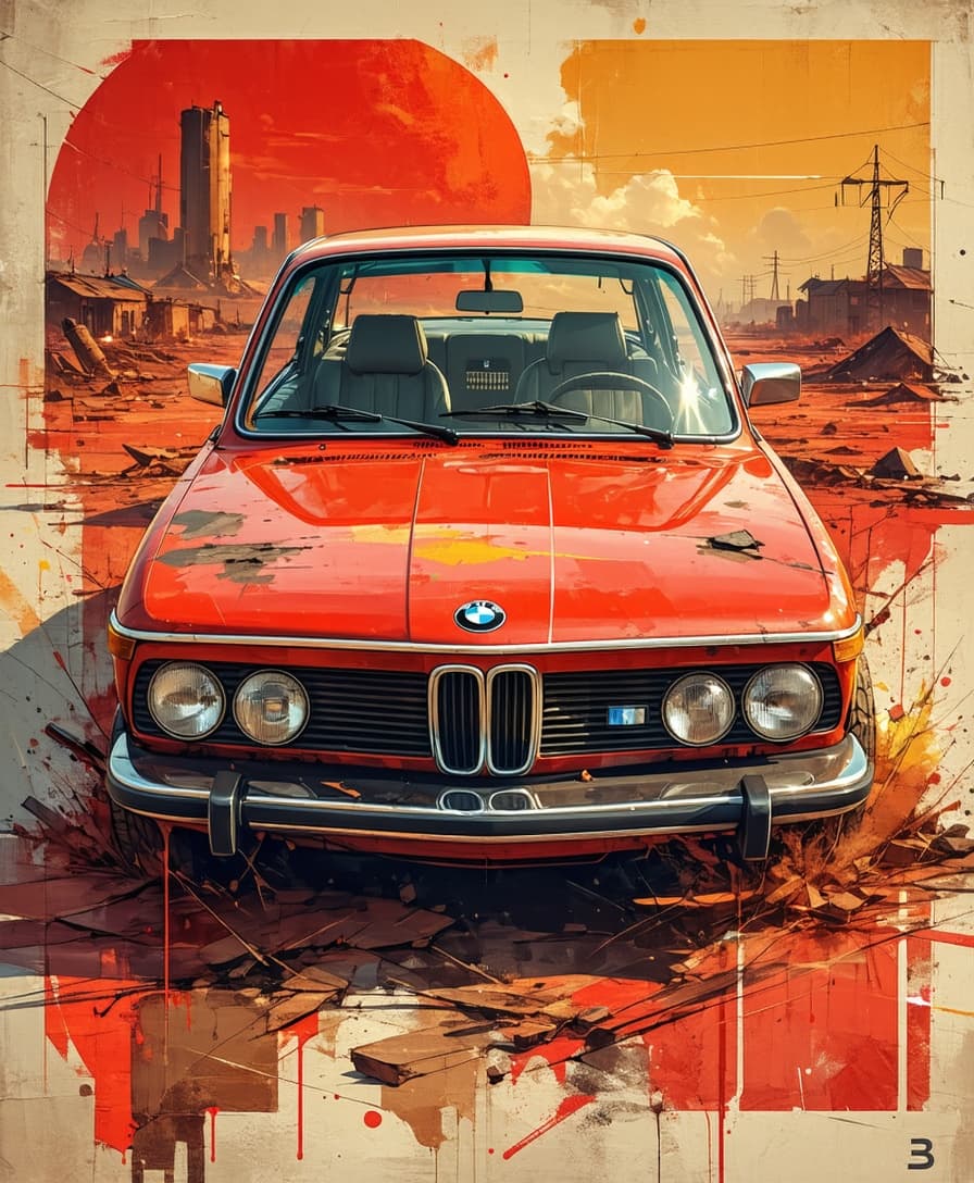 AI generated: Comic book illustration of a BMW serie 3 (year 1970), in the style of Alex Ross, three-quarter front...