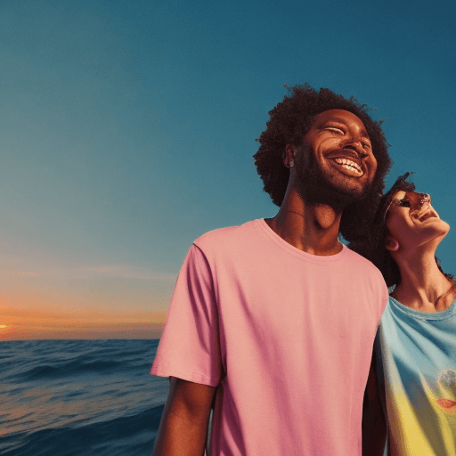 AI generated: Sunset beach vibes + a couple taking a selfie. Wearing matching tees and shoes. Capturing the rough ...