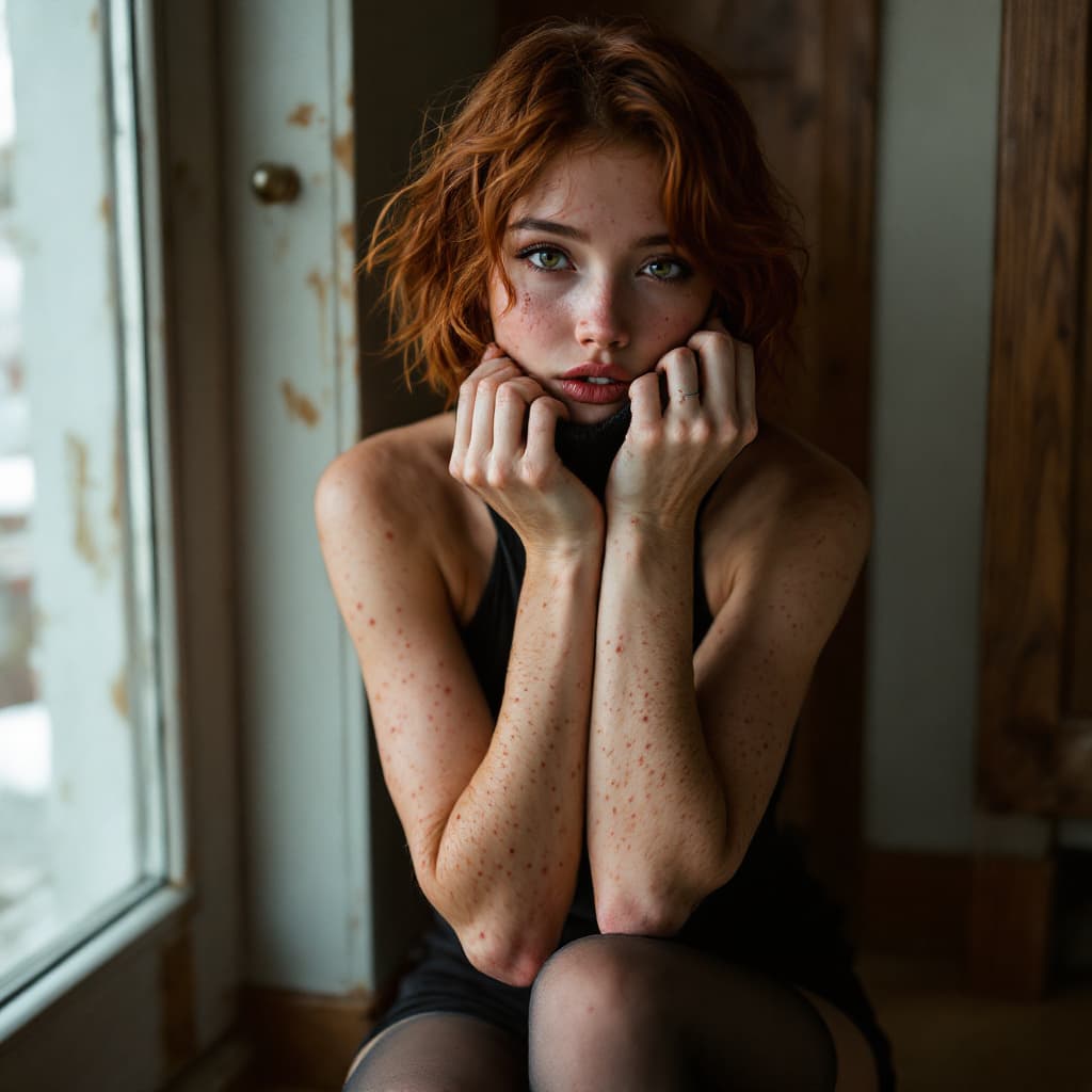 AI generated: photo, a cute Asian woman, oily, sitting pose, on wood flooring the corner, cottage core home, cover...