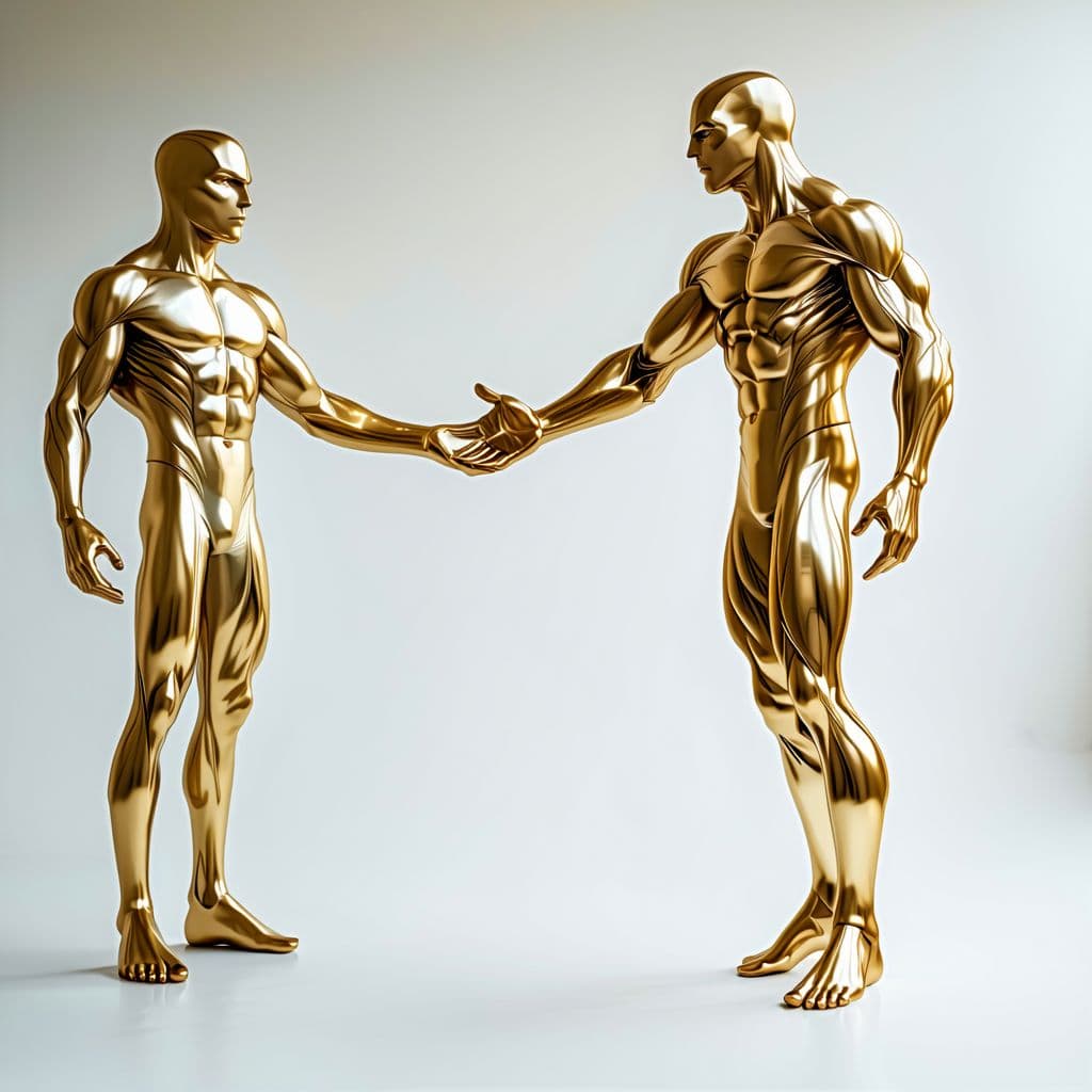 AI generated: A gold androgynous silver surfer inspired by the movie fantastic 4 and silver surfer however all fea...