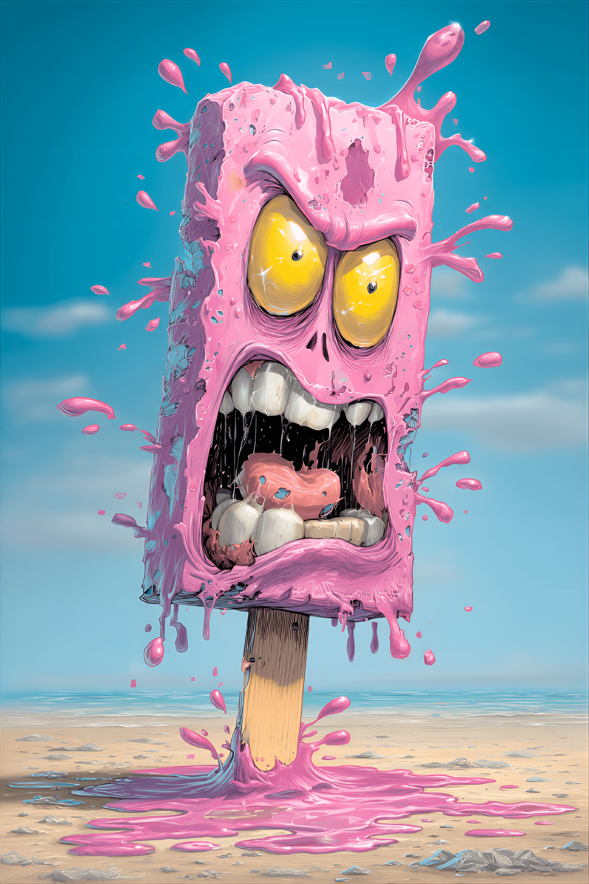 AI generated: funny caricature, anthropomorphic popsicle character, caucasian, ageless, melting, distressed, pink,...