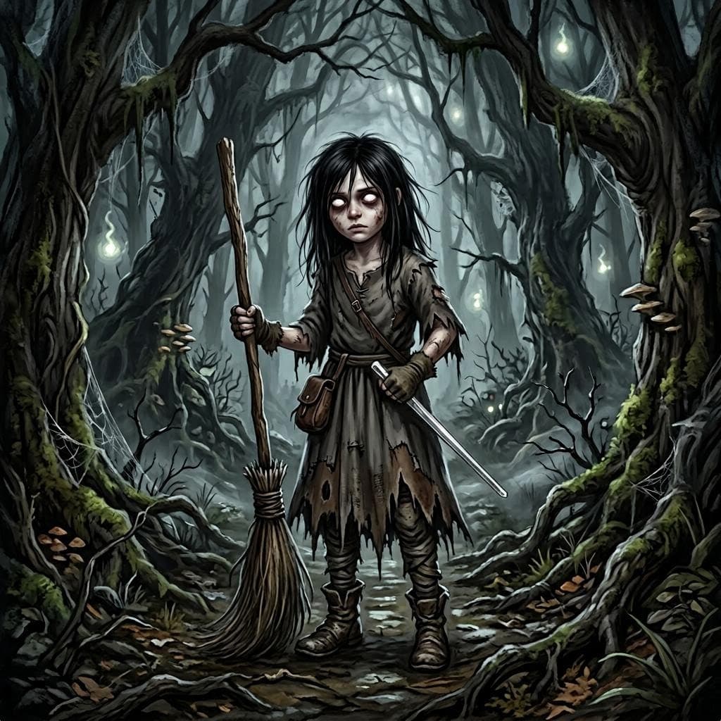 AI generated: dungeons and dragons style, a small young lady wearing a tattered dress, partially hiding a shiny me...