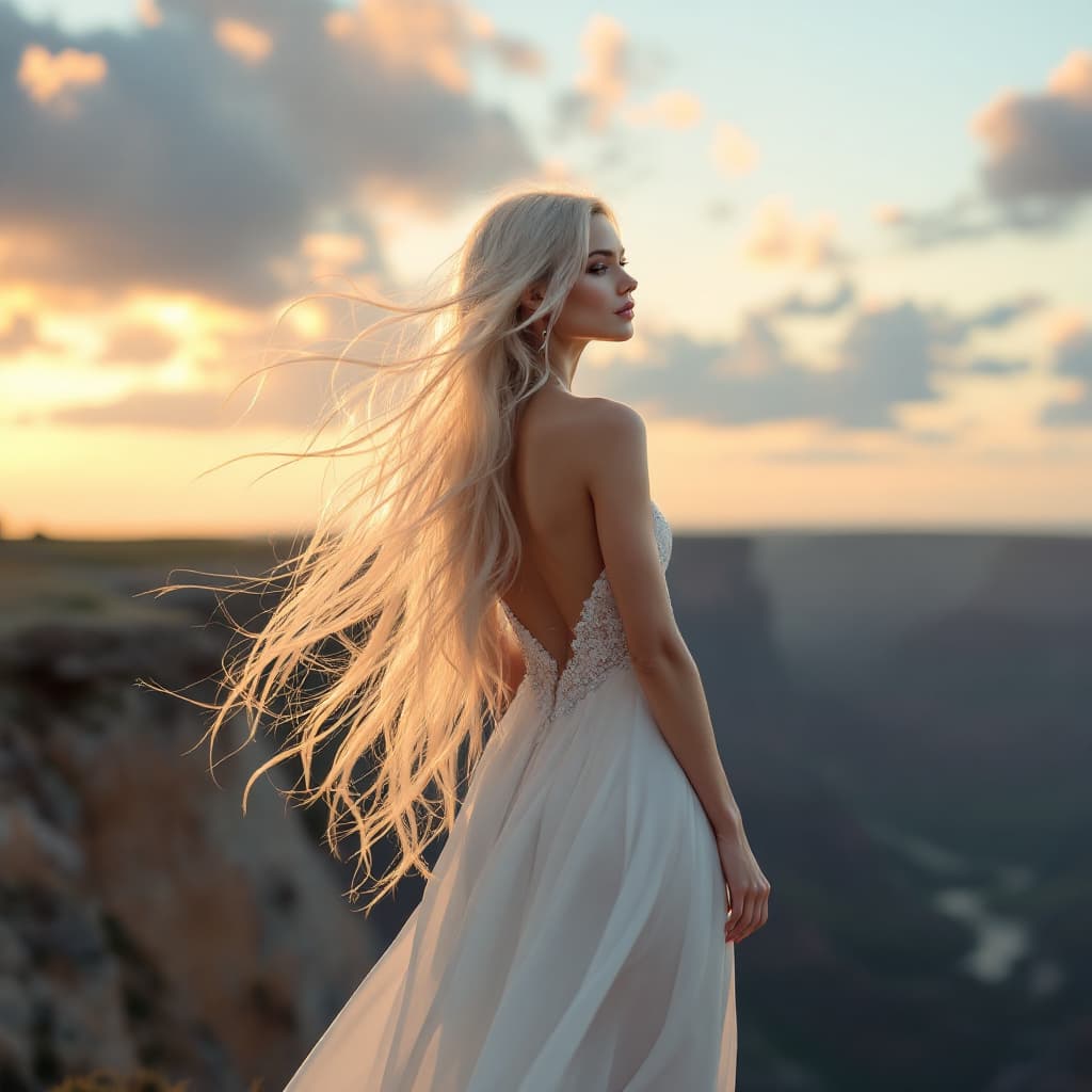AI generated: A vertically-oriented digital artwork featuring a graceful woman standing on the edge of a cliff dur...