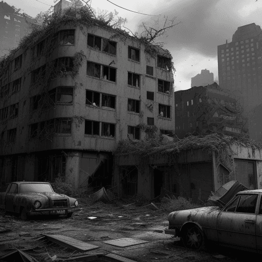 AI generated:  illustration black-and-white of a  View from the ground level in a post-apocalyptic city inspired b...