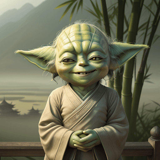 AI generated: cute and smiling yoda in a zen style, eyes open with high details, in a highly detailed large backgr...