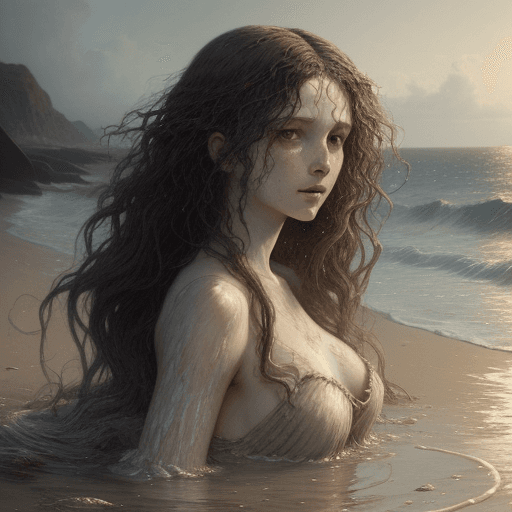 AI generated: Woman with very wavy beautiful hair an her head in the water at a beach with shells on the side horr...