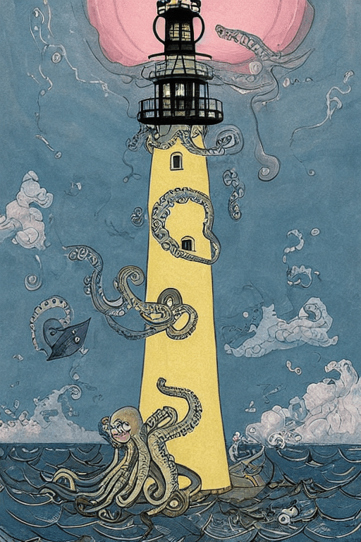 AI generated: A giant octopus with big eyes  holds a lighthouse in its tentacles painted by victo ngai, Alexander ...