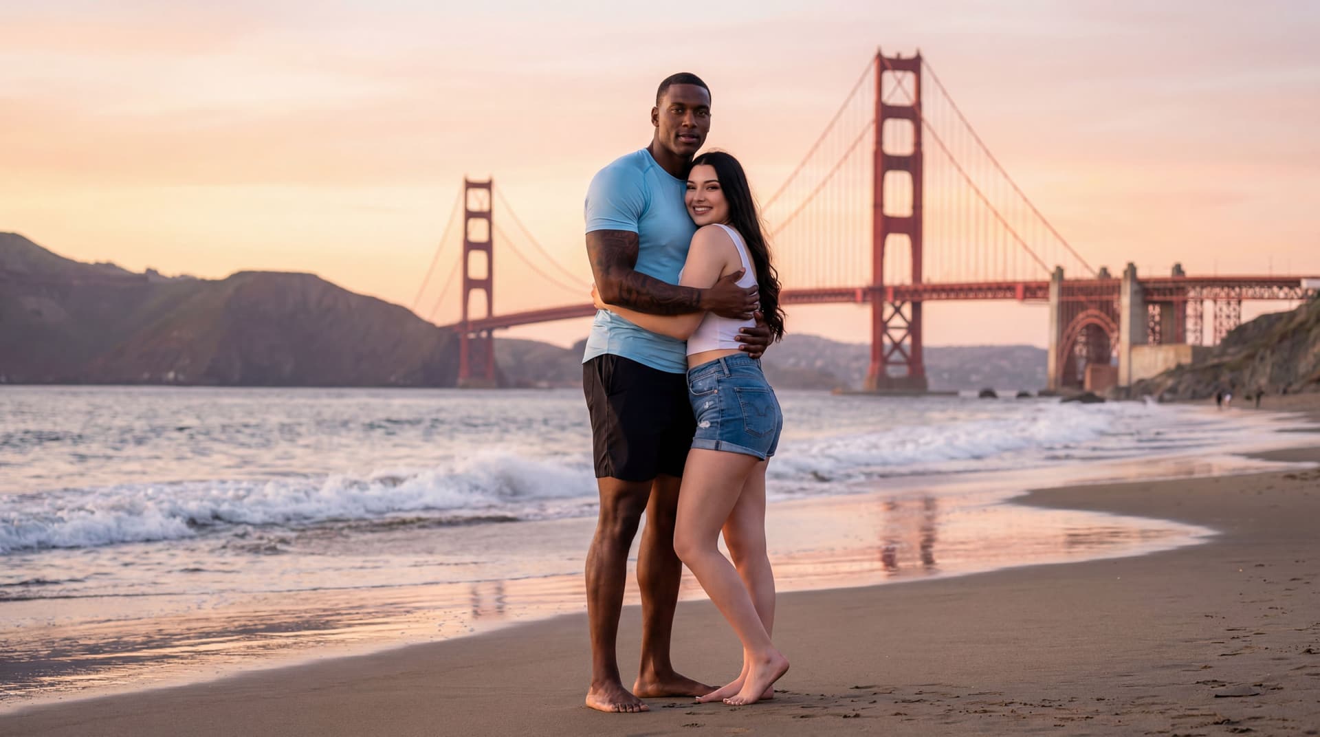 AI generated: There is a 7ft tall muscular tattooed african man. He's wearing a tight fitted light-blue short slee...
