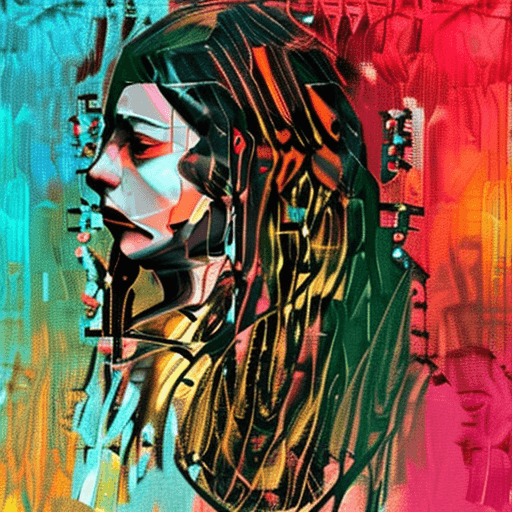 AI generated: portrait of a determined woman with long hair, gritty, digital ui, abstract blocks, by Gustav Klimt,...