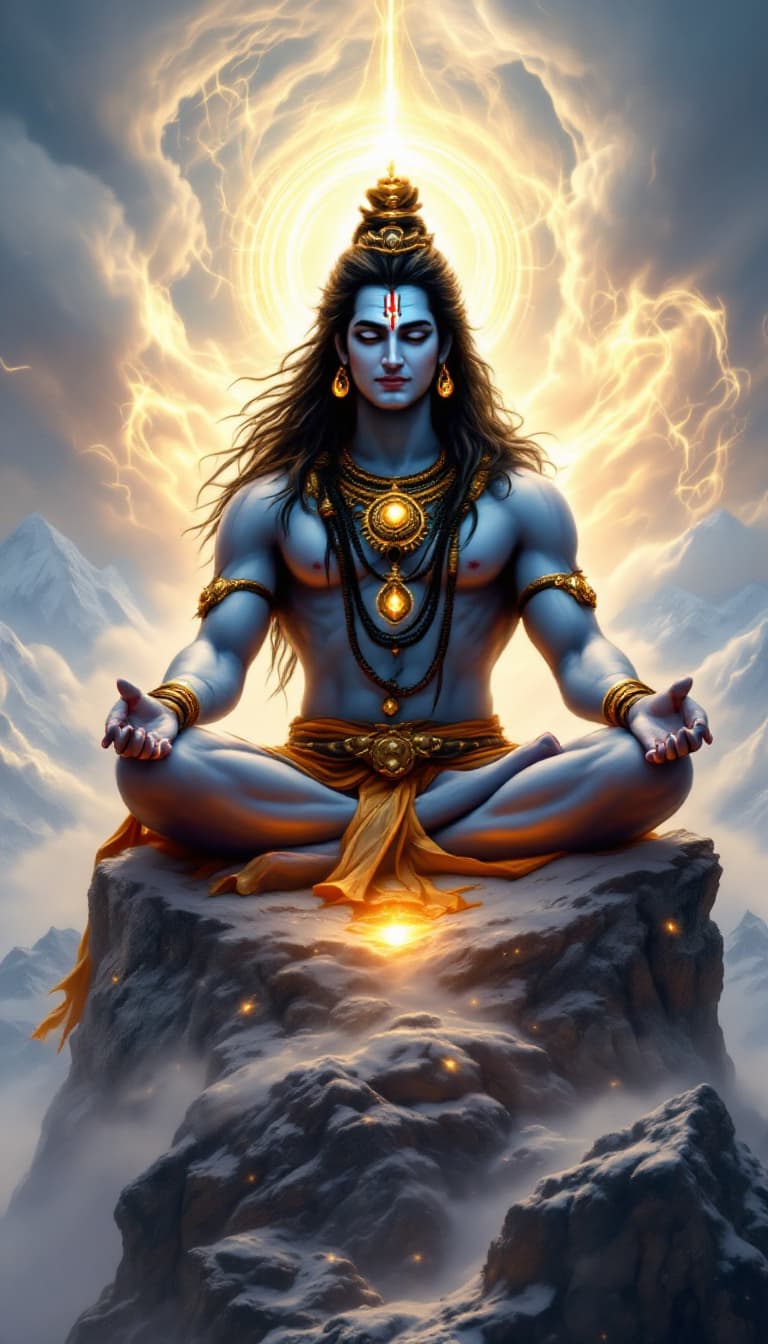 AI generated: "Generate an image of god shiva, the Hindu deity, depicted seated in meditation atop Mountain. Show ...