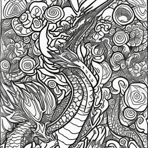 AI generated: colouring page for kids, A friendly cartoon dragon flying over a meadow of flowers, thick lines, low...