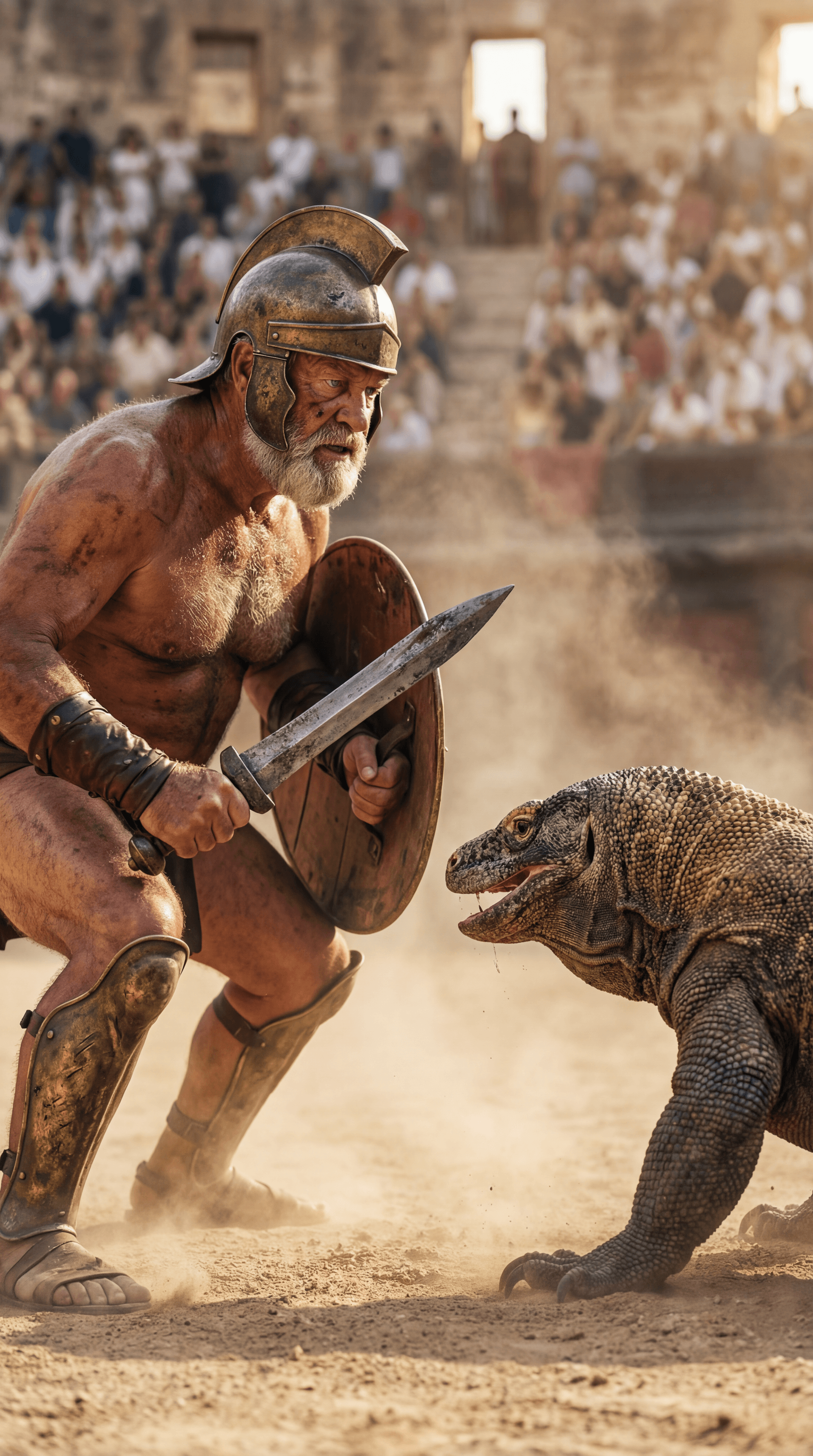 AI generated: Ultra-realistic documentary-style action photography inside the Roman Colosseum, bathed in warm gold...