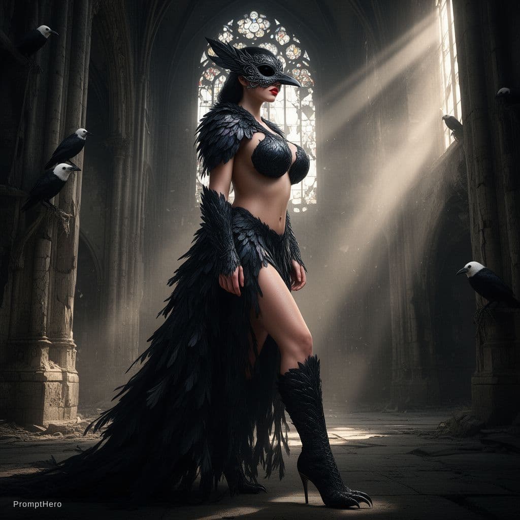 AI generated: Subject: A full-body portrait of a formidable female raven warrior in a 3/4 profile view. She wears ...