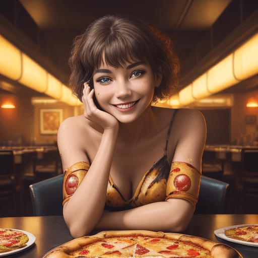 AI generated: Cuisine, A smiling woman wears a dress made of pizza as she lays on a table, rich deep colors, intri...