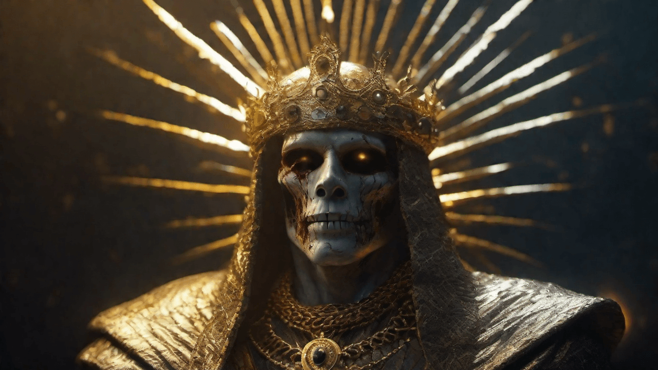 AI generated: Undead king with golden crown and necklaces, golden sunrays headdress, dead white eyes, dead dry ski...