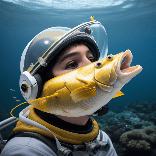 AI generated: pescado dorado, mar,  con casco de astronauta 

