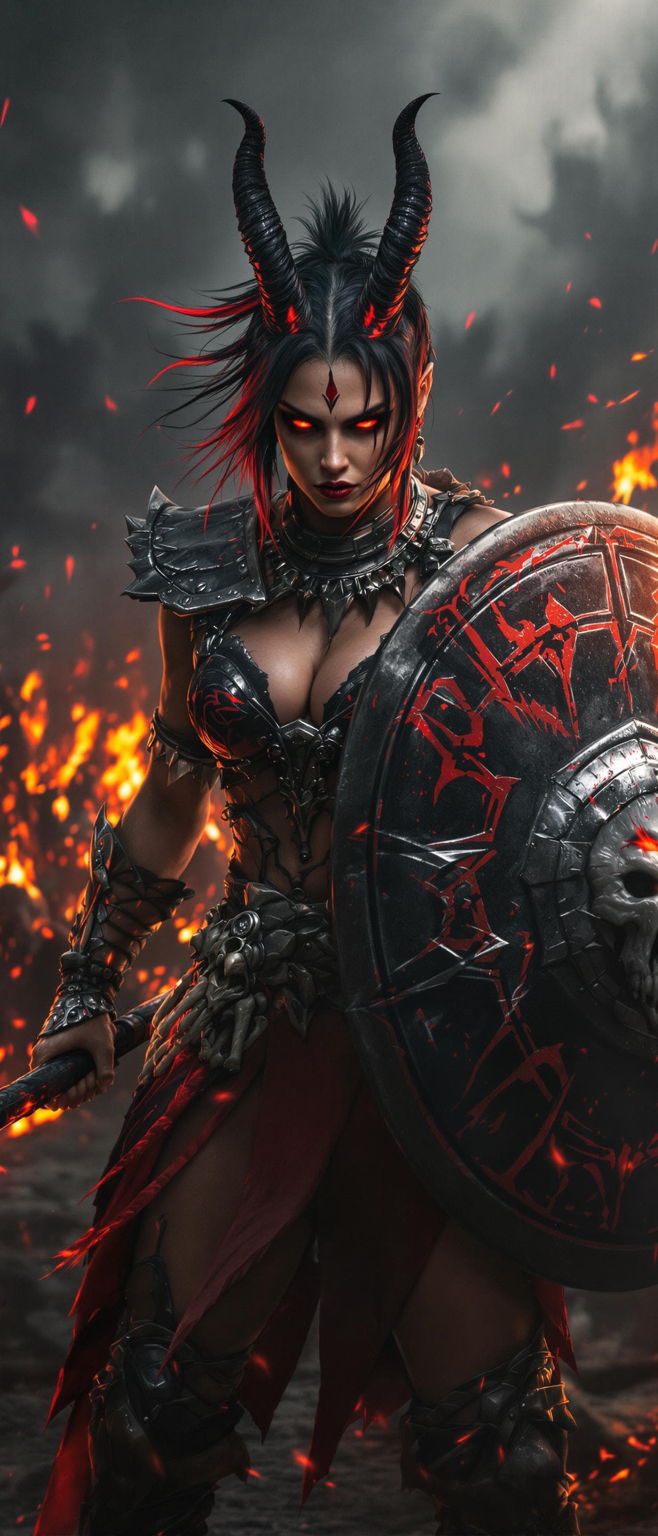 AI generated: a 64K Glossy Photorealistic image of The Attractive, Demonic Shield Maiden: A fierce and resilient w...