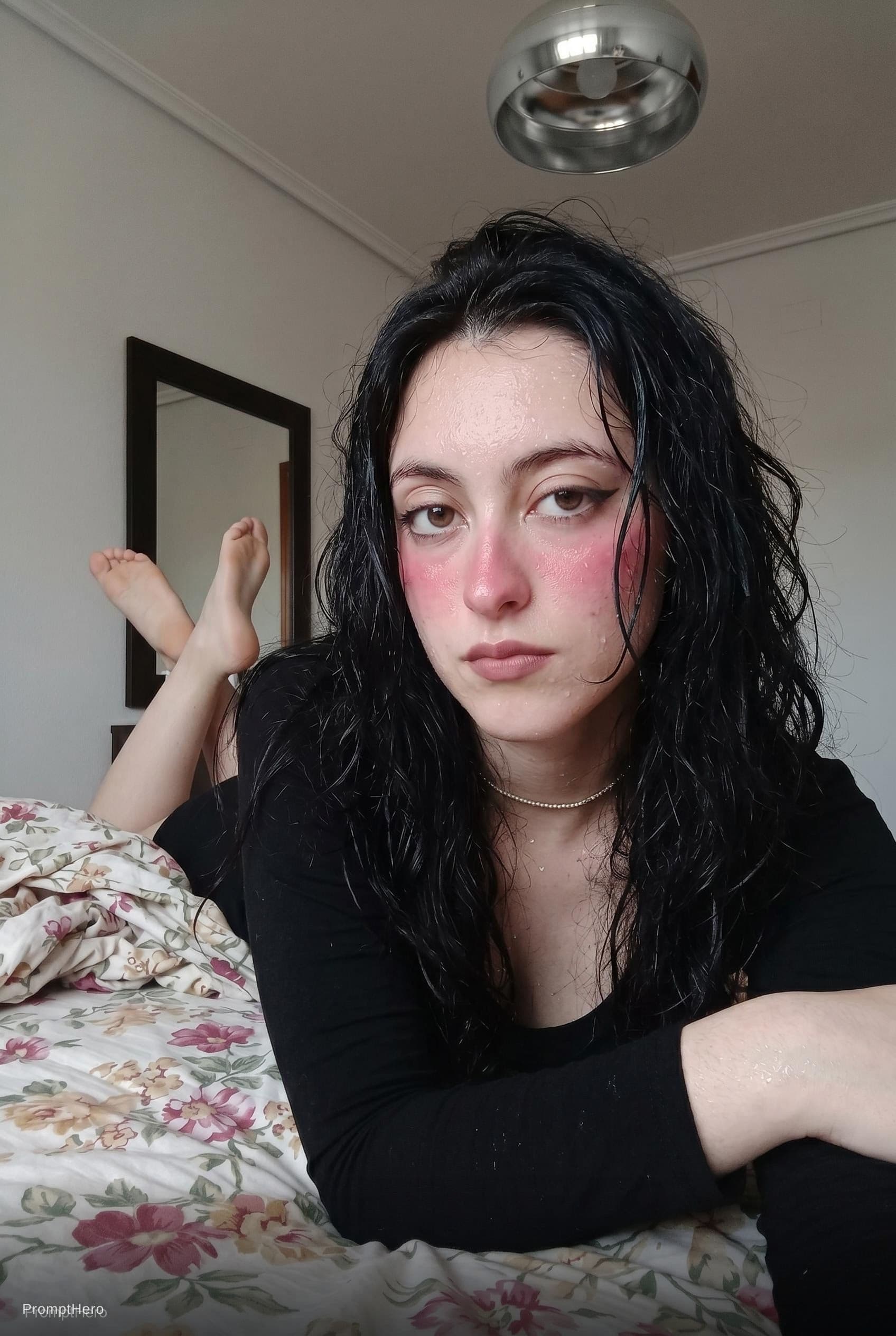 AI generated: llying on her stomach on a bed,.  Bedroom setting with a mirror and ceiling light.",   "subject": { ...