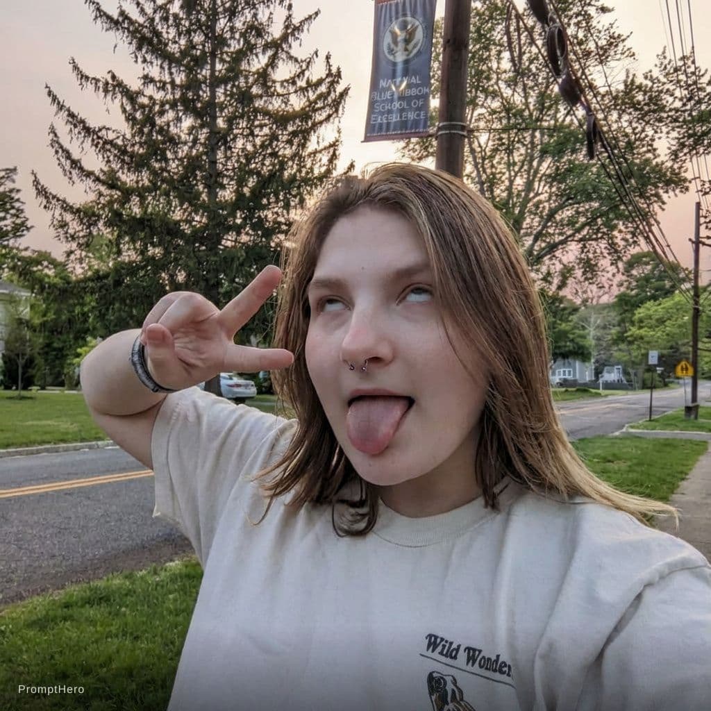 AI generated: Aheago face; arm raised, elbow bent, sticking up peace sign


