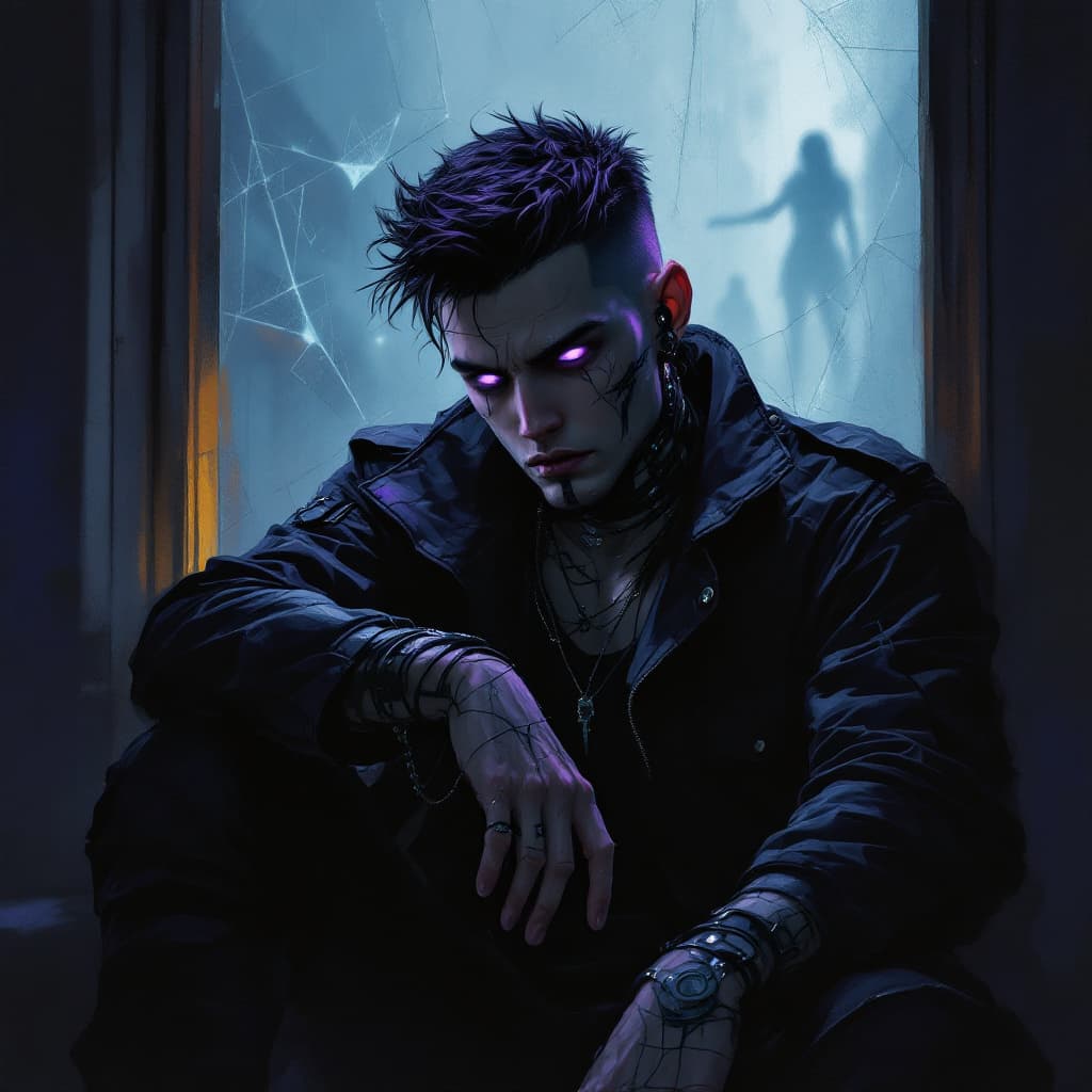 AI generated: Cyberpunk. A haunted rough street punk, mid-20s, Athletic build; several pre-existing augments; dark...