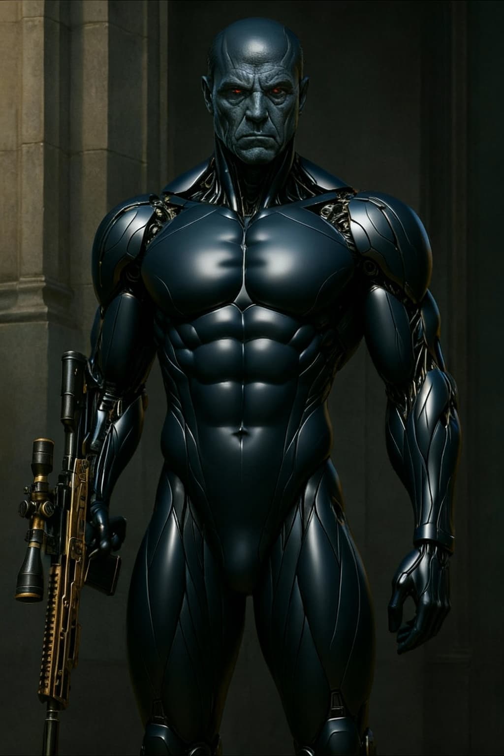 AI generated: Alter Mechanical being. Close all seams and open joints all over the entire body, head, arms, should...