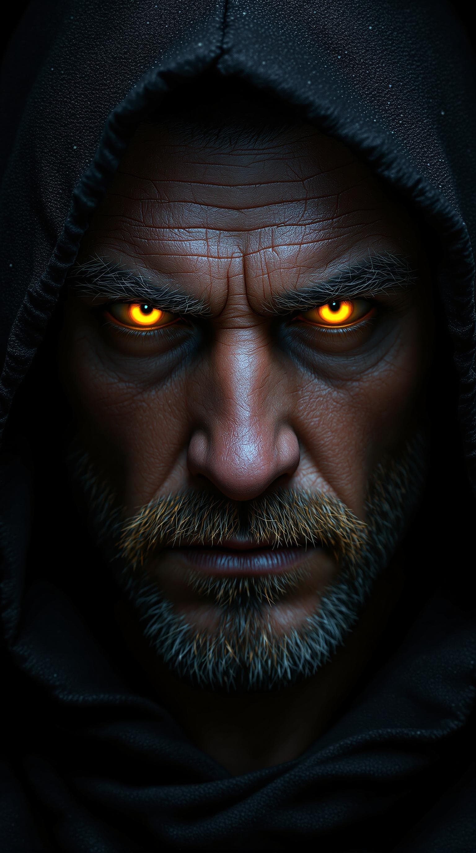 AI generated: Generate a hyper-realistic image of a man with glowing orange eyes, wearing a dark hooded cloak. The...