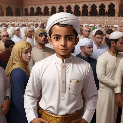 AI generated: Yemini boy, realistic, HD, wearing Yemini outfit, among crowd