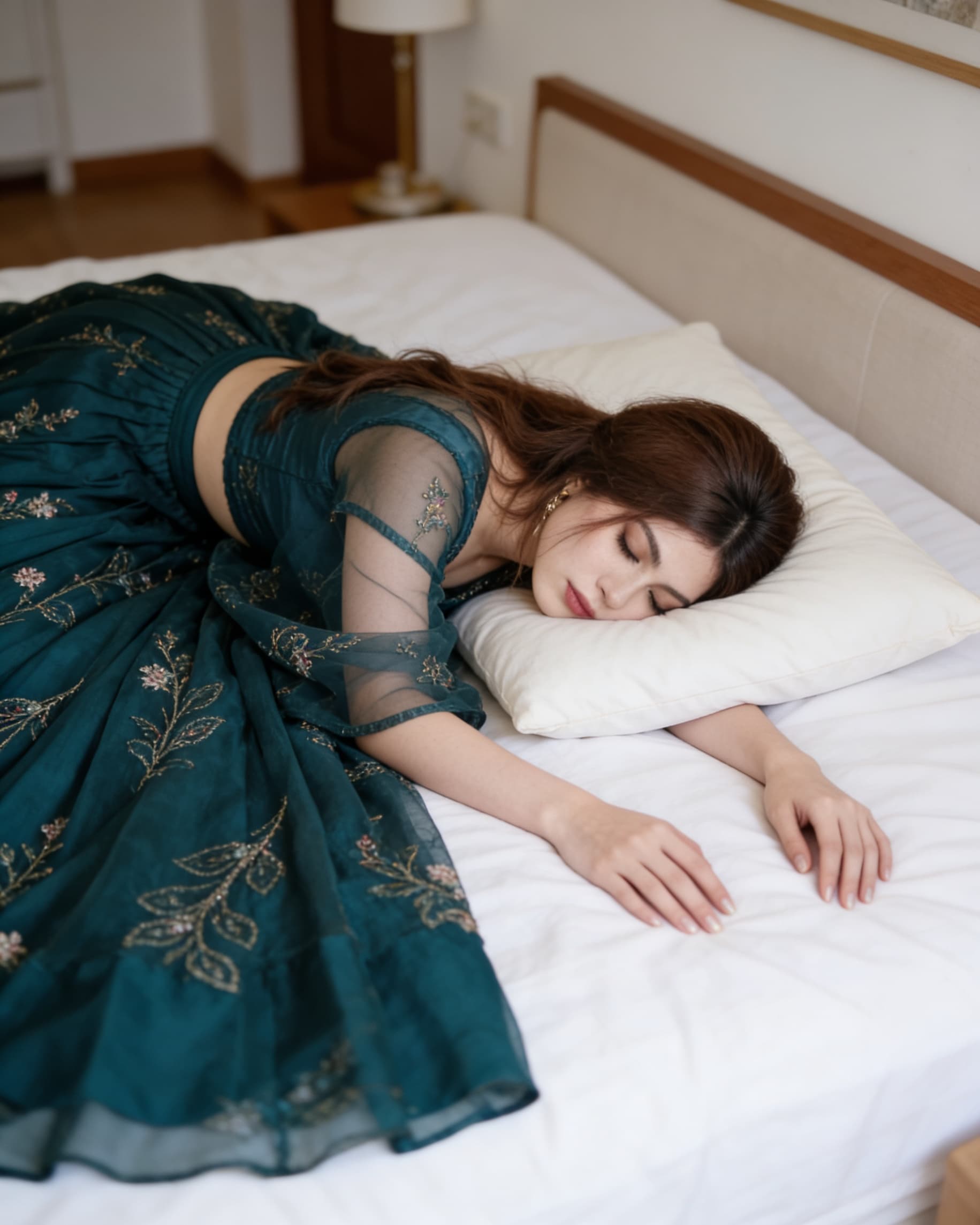 AI generated: Create a High Ultra Realistic picture as this Pakistani blogger Dr Tania Habib is sleeping face lyin...