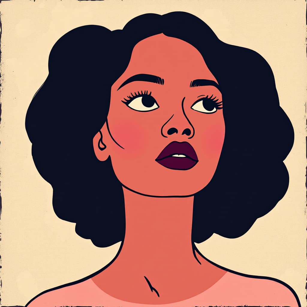 AI generated: illustration, upper-body, woman, face, gaze, consisting of four randomly limit colors, outline, curv...
