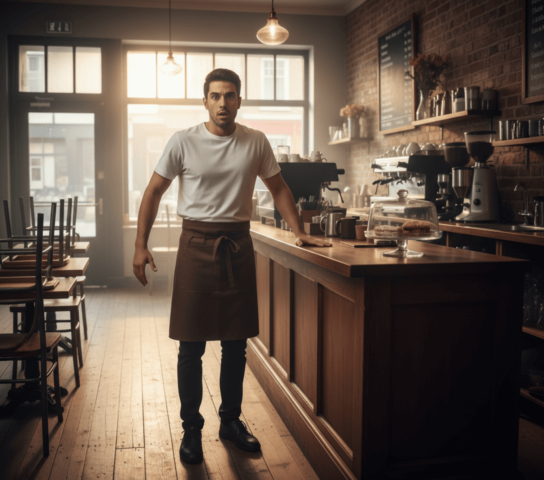 AI generated:  At a coffee shop. There are no customers. It's dawning light. The Hispanic male barista is behind t...