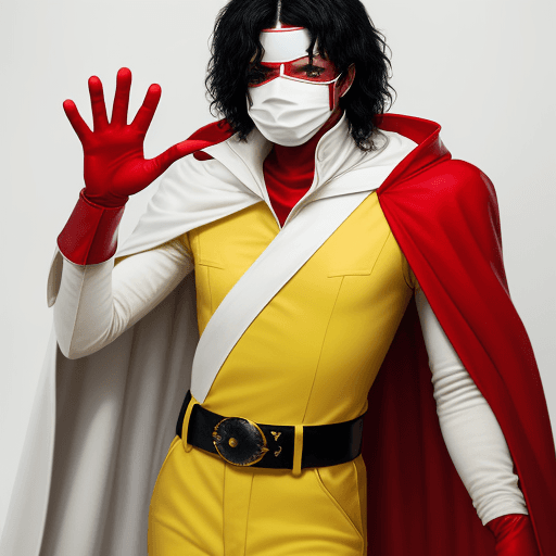 AI generated: MICHAEL JACKSON IN A RED Jumpsuit, WHITE Cloak CAPE ,YELLOW Eye Mask, YELLOW Glove,AND WHITE.Belt
