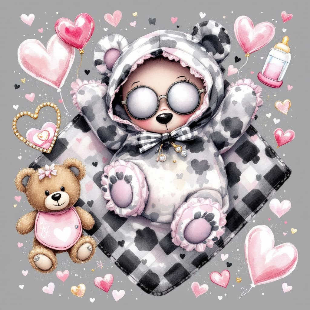 AI generated: watercolor style chic bling glamours fabulous, cute  raddle, pacifier, teddy bear,  bottle. safety p...