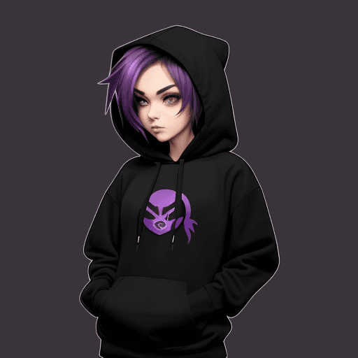 AI generated: Create, A character wearing black hoodie, purple accents, simple, vector, design, 
