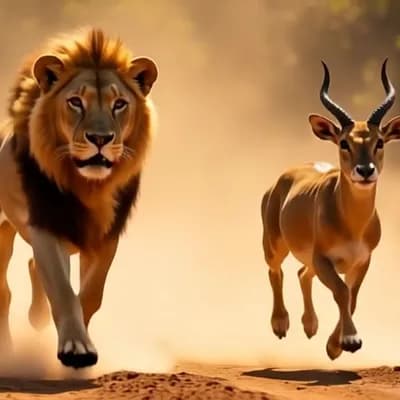AI generated video: a lion chasing an antelope in the savannah