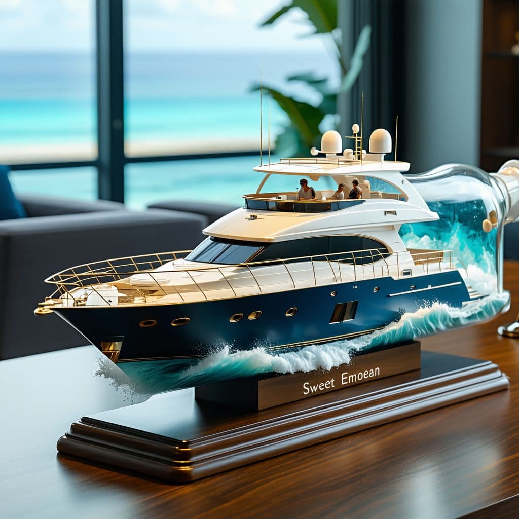 AI generated: A realistic ship in a bottle, featuring a ((2005 76-foot Lazarra enclosed fly bridge)) luxury super ...