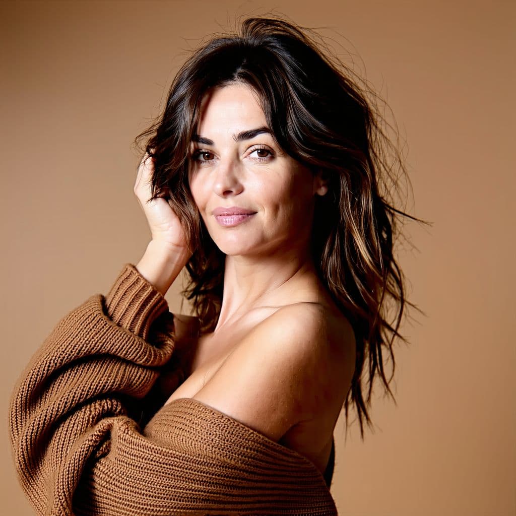 AI generated: A woman with wavy dark brown hair, wearing an off-shoulder oversized brown knit sweater. She gazes s...