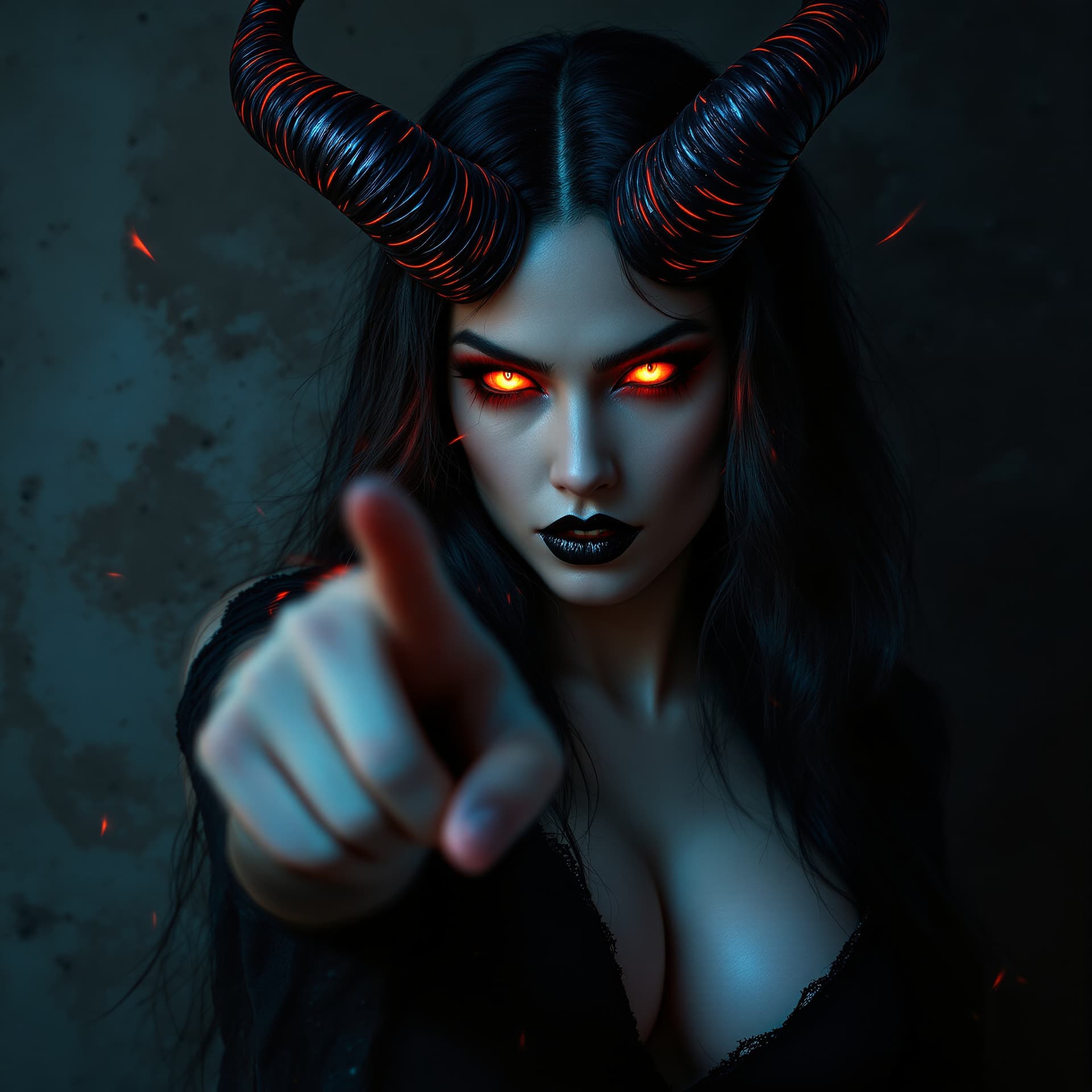 AI generated: A seductive female demon in a dramatic portrait. Her face has sharp features with glowing red eyes a...