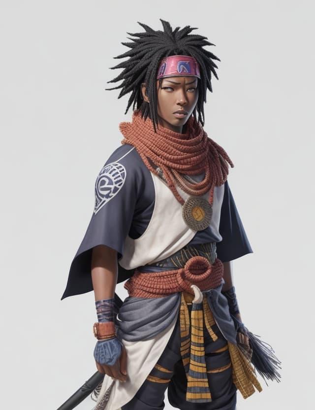 AI generated: hiperrealistic sasuke with sharigan, in african costume, isolated on white background