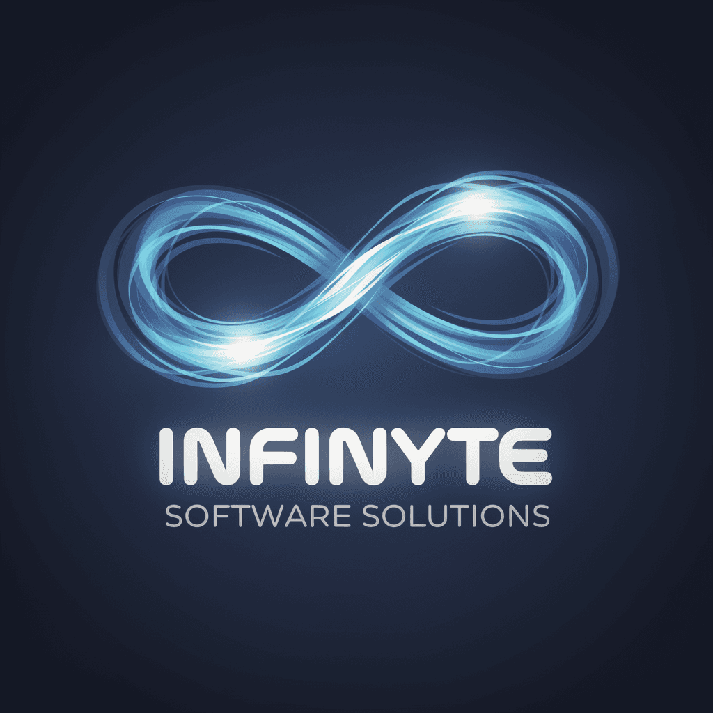 AI generated: Professional tech company logo on a deep navy blue background with dark vignette edges fading to bla...