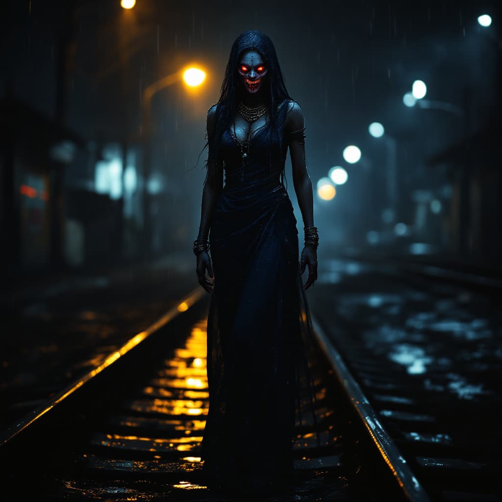 AI generated: A creepy, scary Indian lady with sharp Dracula-like fangs, standing on a railway track at night in t...