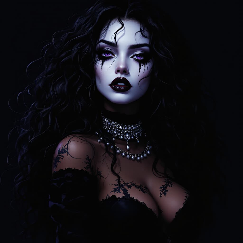 AI generated: gothic anime style,a Girl is cold and arrogant,dark mocha skin, white makeup,purple eyes, long black...