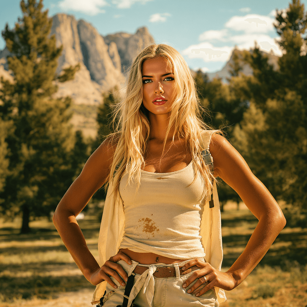 AI generated: A woman with long, straight blond hair parted in the middle, sun-kissed skin, and a worn-out tank to...