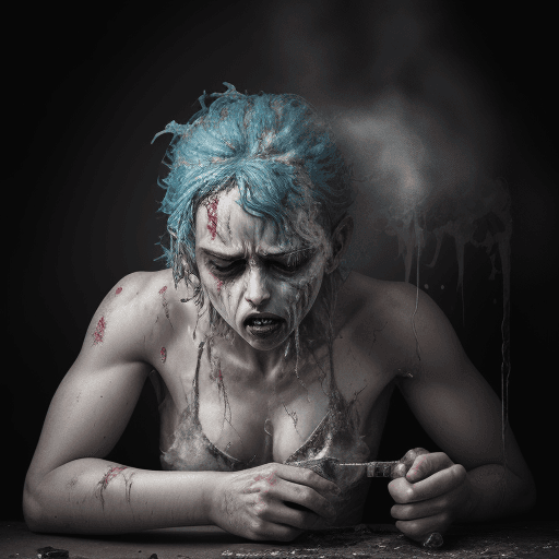 AI generated: depict a person physically transforming into methamphetamine as they resist the drug overcoming thei...