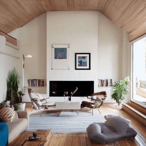 AI generated: high resolution photography interior design, dreamy sunken living room conversation pit, wooden floo...