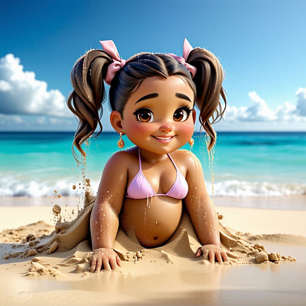 AI generated: Cute, girl, chubby, Latina, pigtails, full-body view, bikini, young, in beach, covered in sand, play...