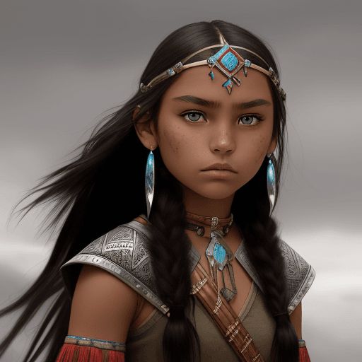 AI generated: Sioux teen girl, beautiful, dramatic, powerful, main character in epic fantasy, detailed