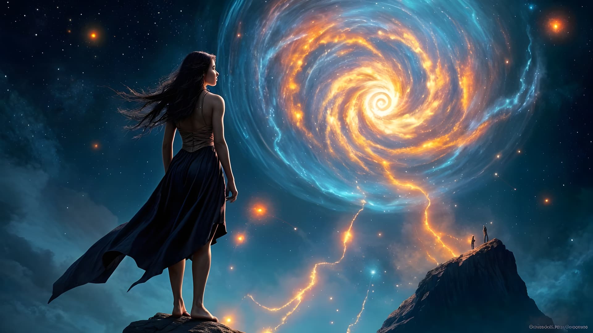 AI generated: Digital artwork. Seen from behind, A mysterious female warlock nude stands on a cliff edge, gazing u...