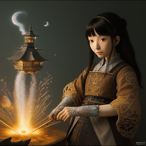 AI generated: art by studio ghibli, intricate artwork by Rembrandt Harmenszoon van Rijn,真紅の天竺牡丹,17歳女性,宇宙MMORPG
